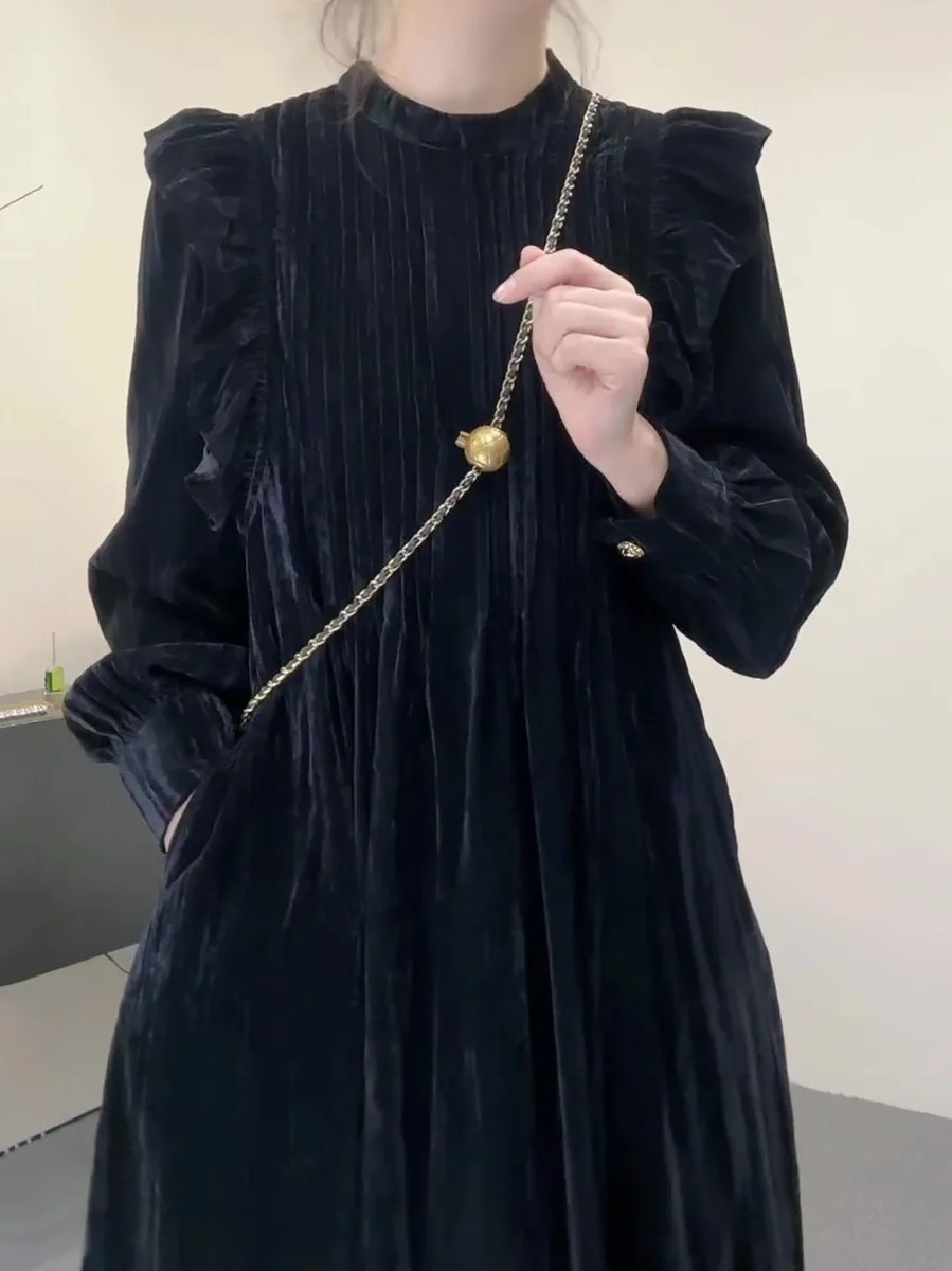 Chic Velvet Pleated Dress Women Long Sleeve Elegant Midi Dress Women Autumn Winter Trend Casual Korean Formal Party Dress