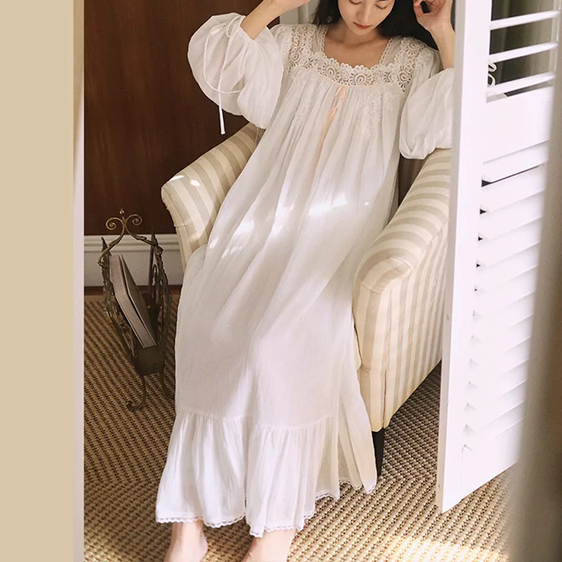 2024 Princess Victotria White Long Nightgowns French Sexy Lace Square Collar Nightdress Spring Full Sleeves Cotton Loose Nightie