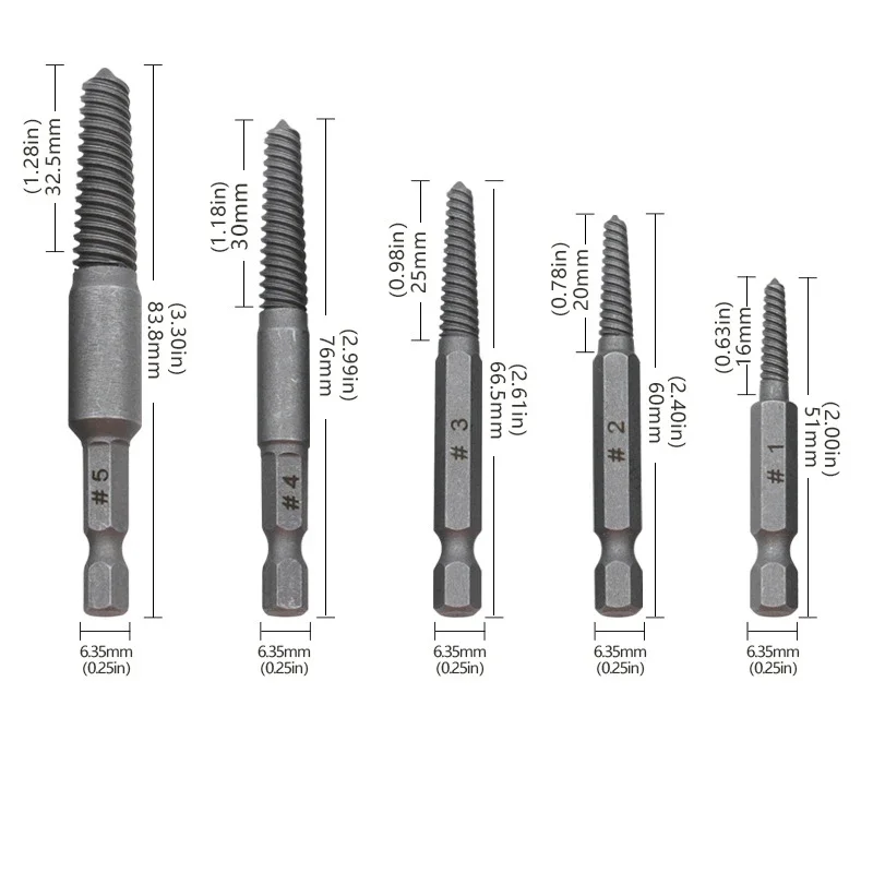 5PCS Set Broken Screw Extractor Center Drill Bits Guide Hex Shank Hand Tool for Metal Bolt Remover Damaged Screw Extractor Kit