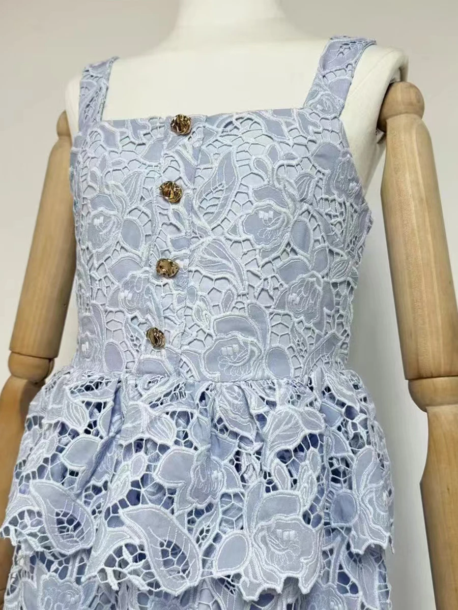 VGH เย็บปักถักร้อย Office Lady Midi ชุดเดรสผู้หญิงสแควร์คอแขนกุดเอวสูง Spliced Ruffles ชุดสายหญิง
