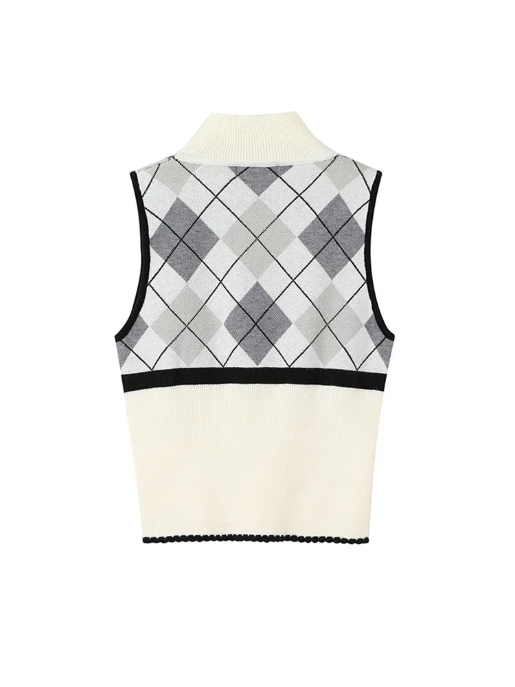 Women Simple Beige Crop Top Geometric Graphic Vintage Knitted Vest Fashion Streetwear Casual Off Shoulder Tank Top Spring Summer