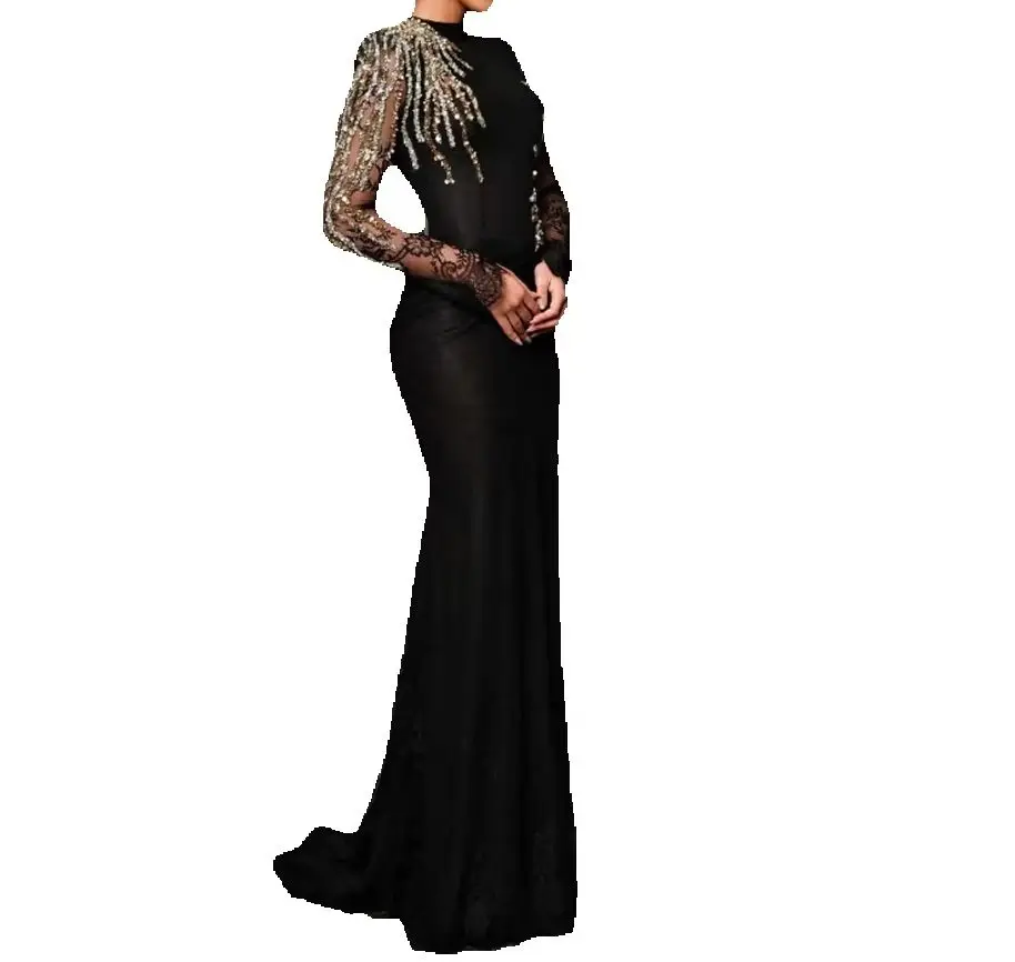 

Customized Black Lace Appliques Evening DressLong Sleeve Beaded Evening Dress Women Luxury Formal Party Gowns