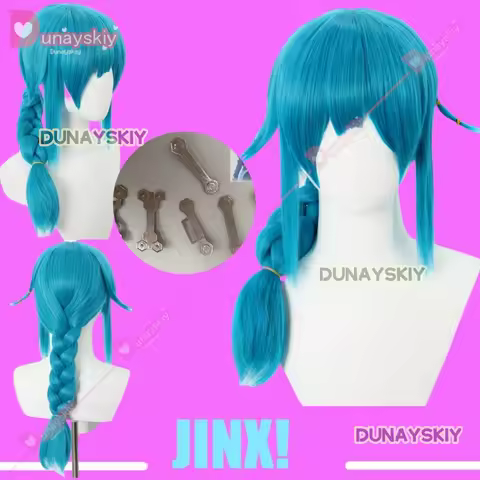 Anime Game LOL Arcane Powder Jinx Junior Childhood Blue Wigs Headwear Role Party For Girls Customized Props Gift