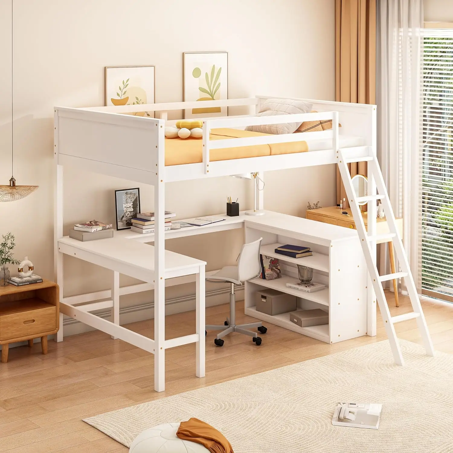 

BIADNBZ Full Size Loft Bed Wooden with Desk&Shelves Underneath,with Storage Cabinet,Convertible Ladder,for Teens Bedrom Dorm