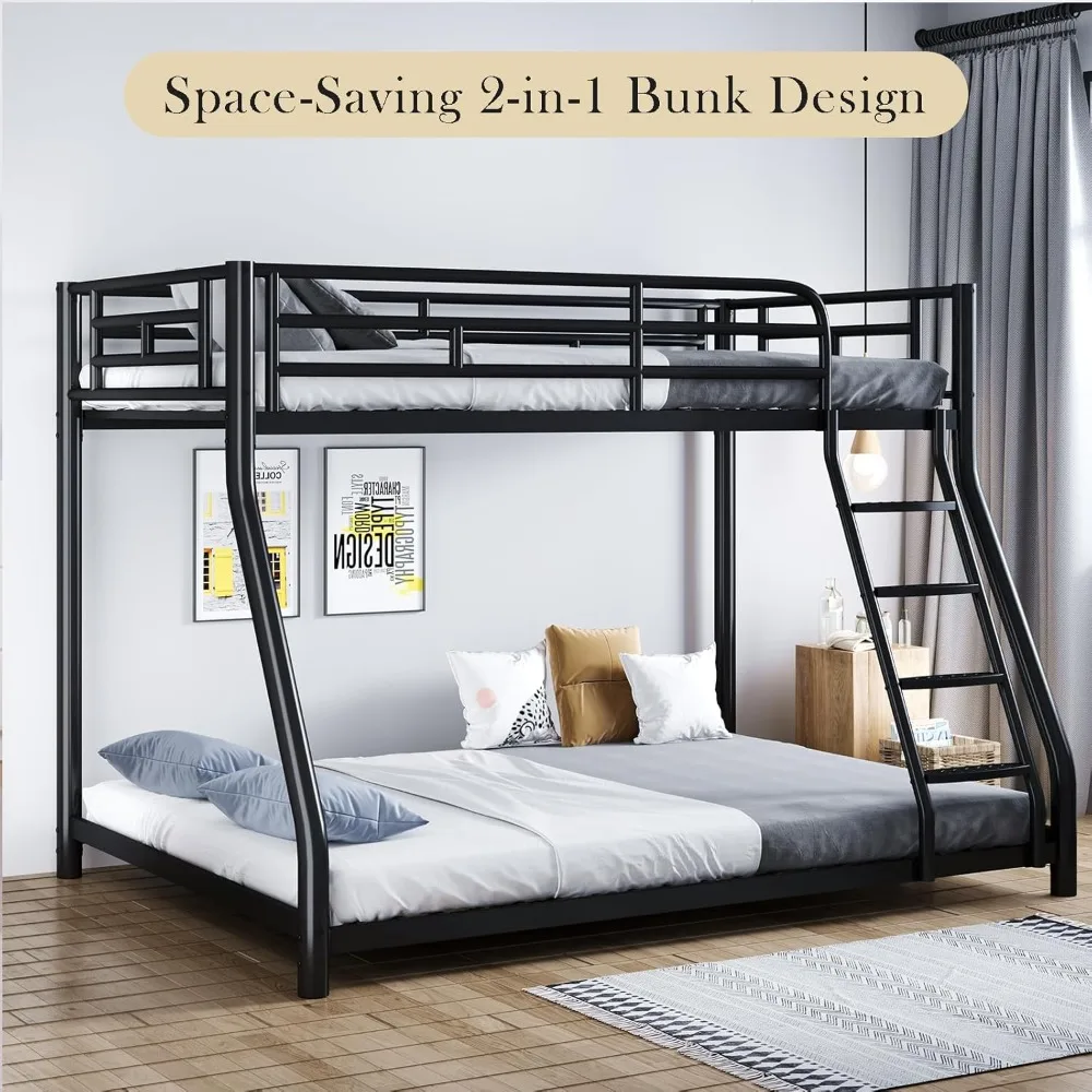 سرير معدني بطابقين، إطار سرير بالحجم الكامل، سرير مزدوج بطابقين كامل مع حاجز أمان وسلم، أسرة بطابقين مزدوجة للأطفال والكبار #5