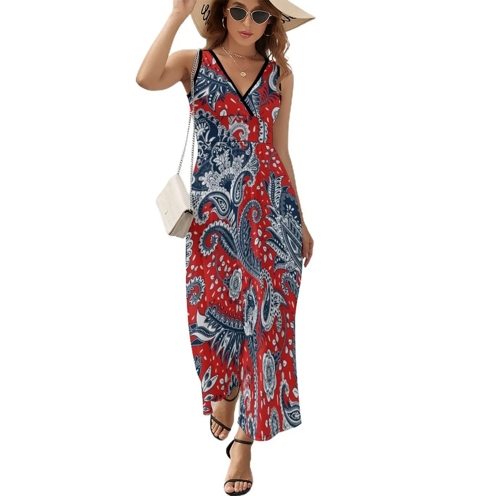 

Red White & Blue Floral Paisley Sleeveless Dress elegant dresses for women women clothing 2023 new arrivals