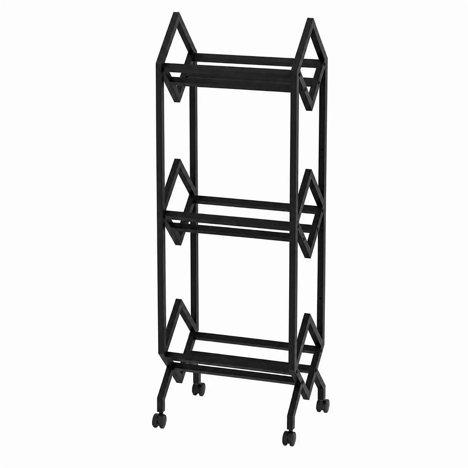 Three-Tier Black Metal Storage and Display Rack Freestanding Tiered Media Shelf with Caster Wheels for Home Office, Reading