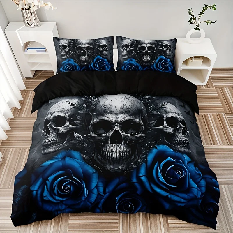 

Fashion Novel Blue Rose Skull Print Bedding Set Soft Comfortable Duvet Cover For Guest Room (1*Duvet Cover + 2*Pillowcase)