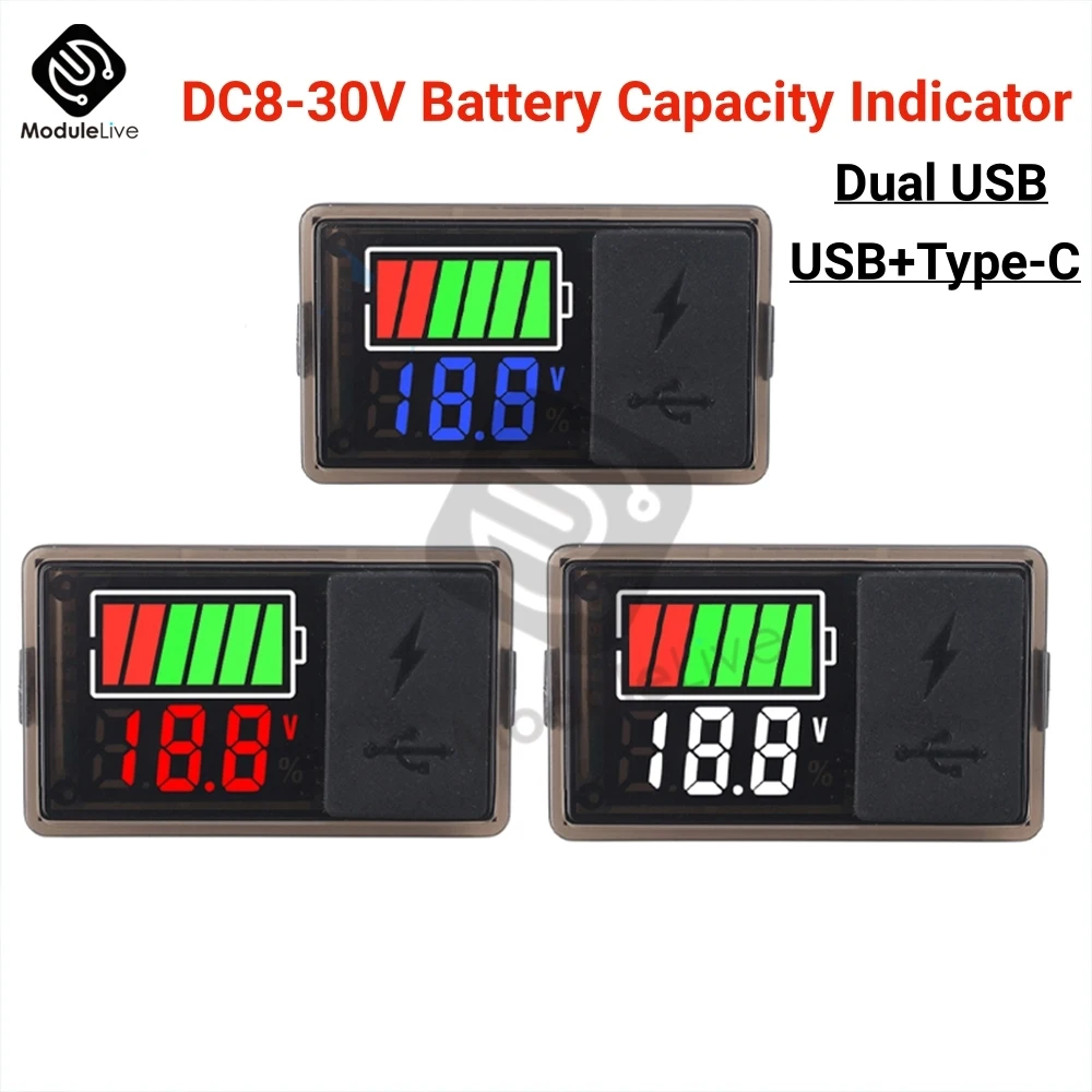 DC8-30V Car Battery Charge Level Indicator 12V 24V USB Type-c Lithium Battery Capacity Meter Tester Display LED Tester Voltmeter