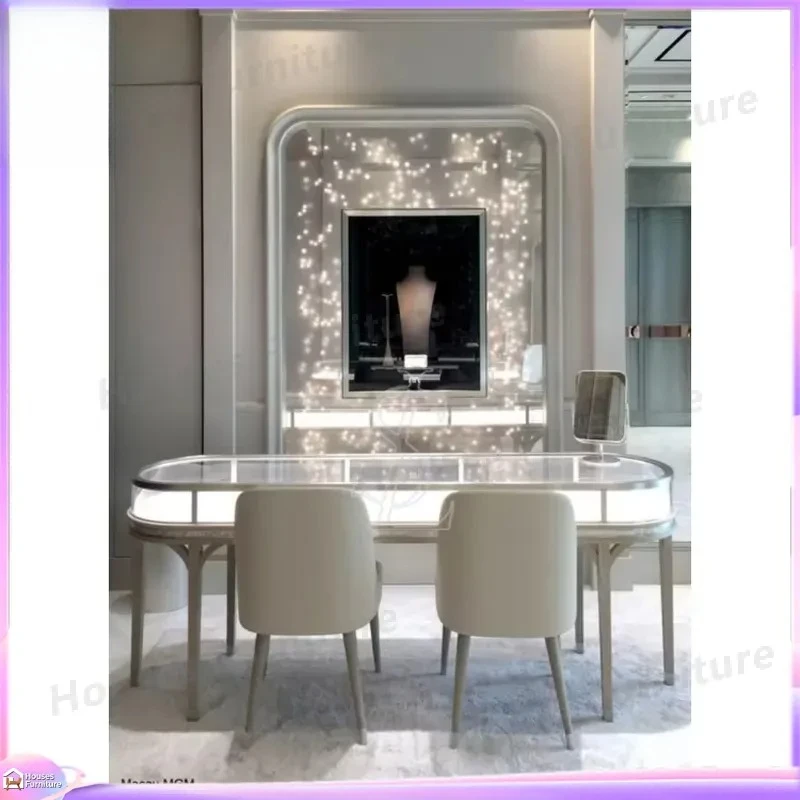 Luxury Round Jewelry Display Island Cabinet Modular Cream White Boutique Showcase 360 Degree Visual LED Gold Storage