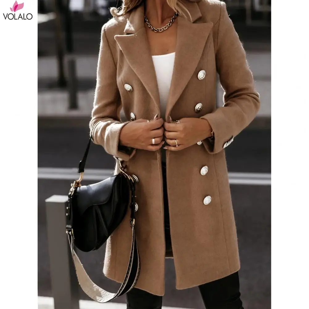 

Autumn Winter Women Jackets Wool Coat Solid Color Double-breasted Jacket Coat Women Knee Length Wool Blends Coat Womens Overcoat