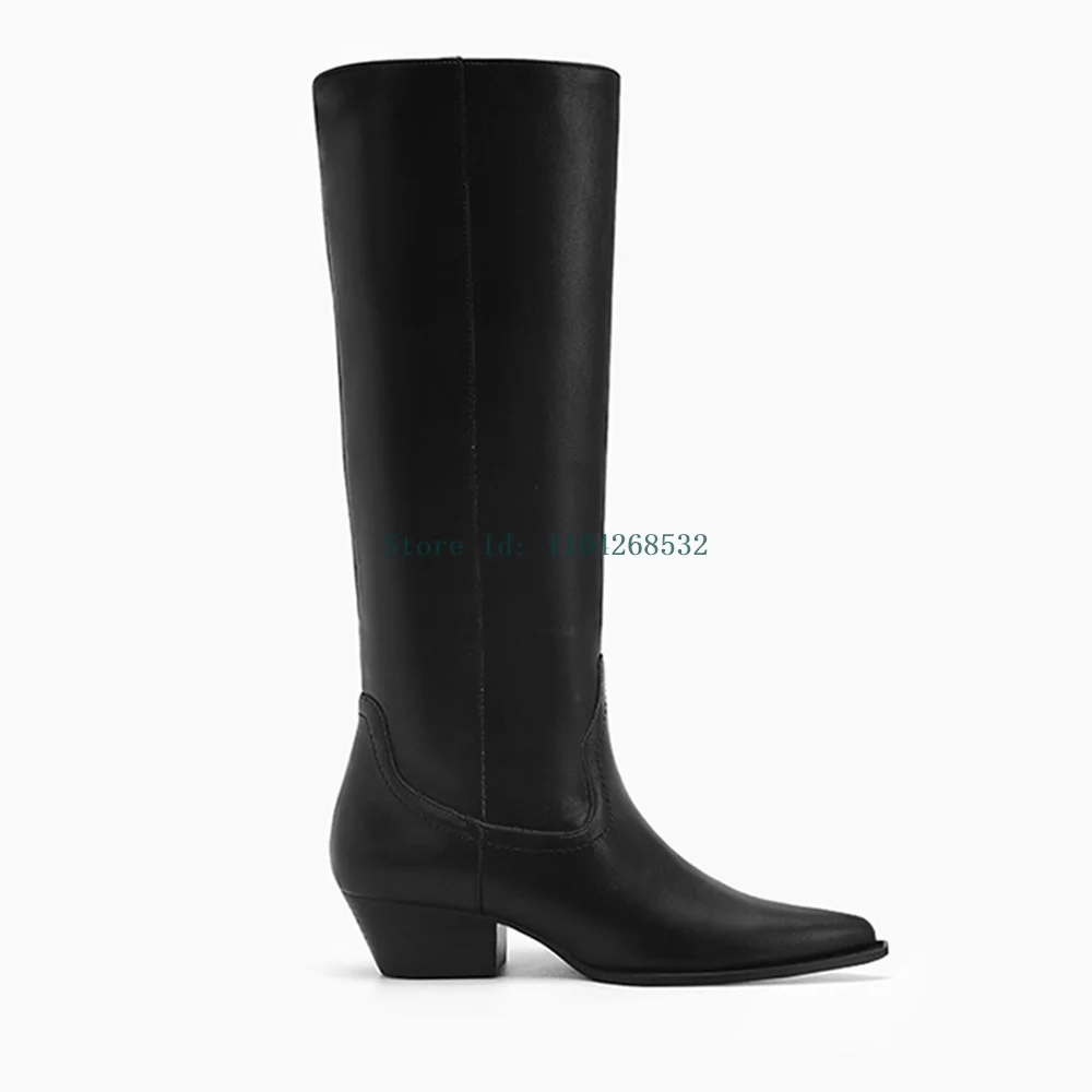 Botas hasta la rodilla de cuero genuino negro, botas sexis con punta cuadrada y sólido sin cordones, nuevas botas modernas de moda para mujer