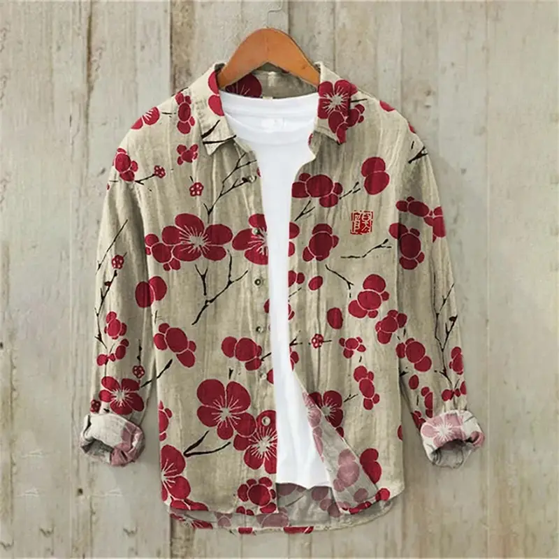 Sakura Japanese Vintage Art Linen Blended Shirt, Casual Polo Collar Cardigan, Button Shirt, Plus Size, Spring, Summer, New - Image 6