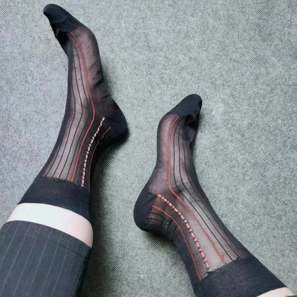 

Man Dress Socks Vintage Soft Suit Formal Wear Mens Nylon Socks Black Red Line Casual Business Breathable High Quality Man Socks