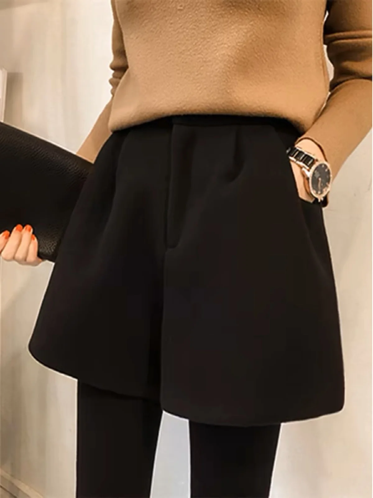 

Fall Winter New Sle Woolen A-Line Loose Slimming Faionable plus Size Bla Pants Women High Waist Wide Leg Commute Sle