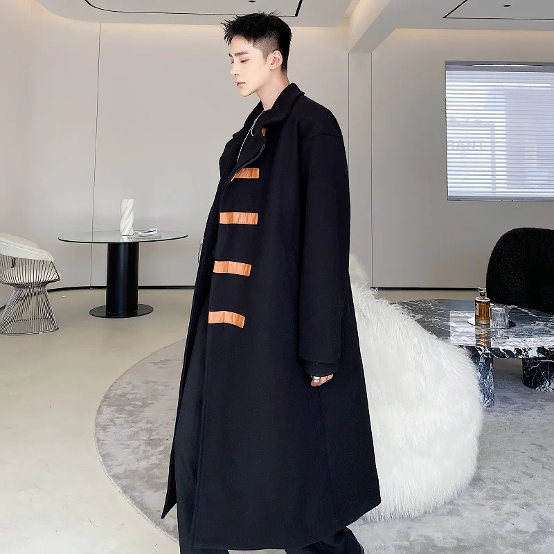 

Winter Long Over-Knee oulder-Drop Woolen Coat Men's Nainzi Sle Geometric Patterned Piece Youthful Active Trend
