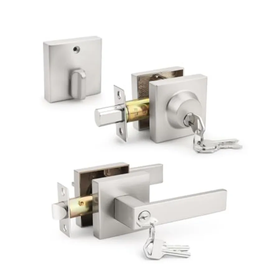 

Brushed Nickel Keyed Alike Front/Exterior Door Lever with Single Cylinder Deadbolt, Square Knob Lock Set with Deadbolt Combinat