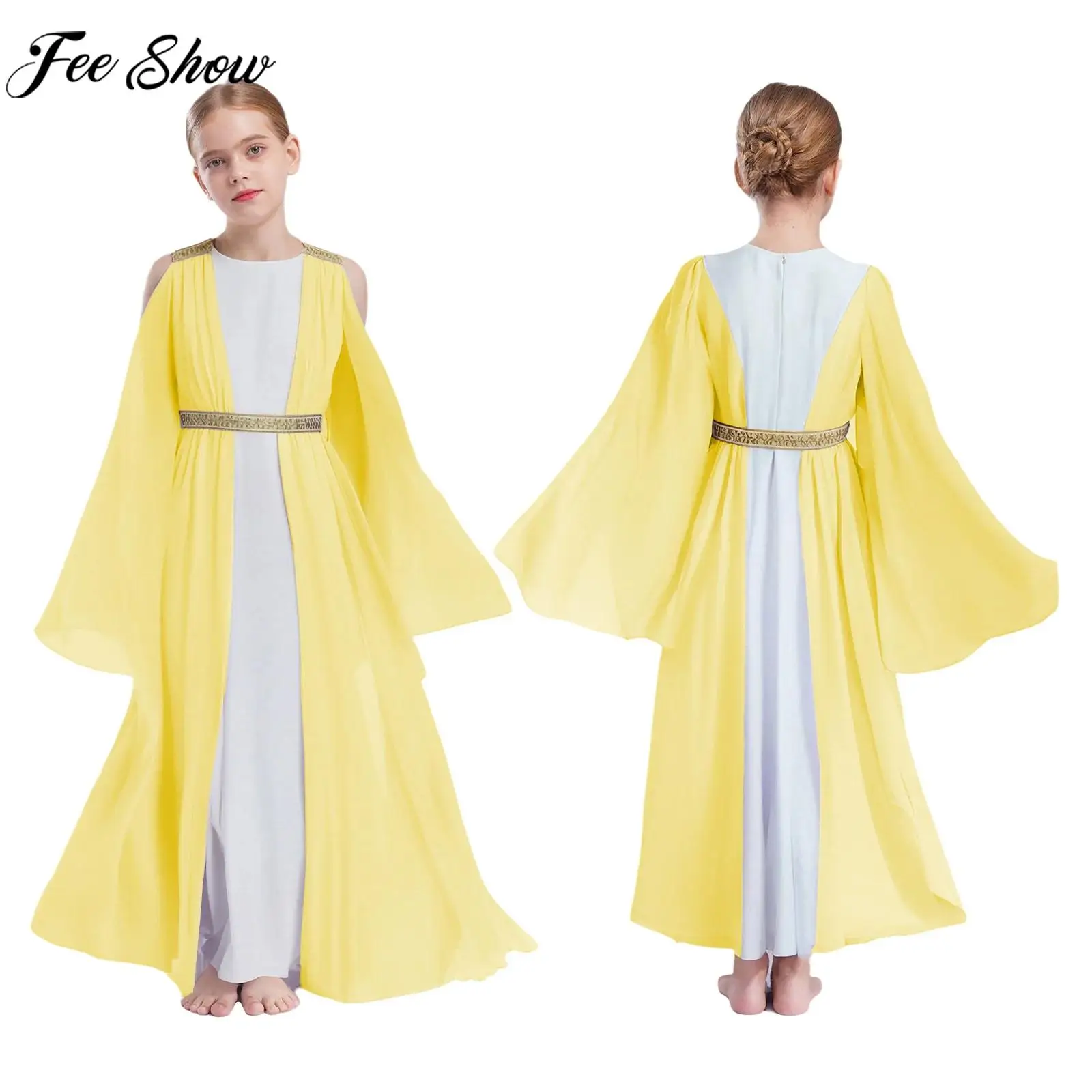 Kids Girls Halloween Ancient Greek Roman Goddesses Princess Cosplay Costume Worship Praise Dance Dress Long Sleeve Toga Robe