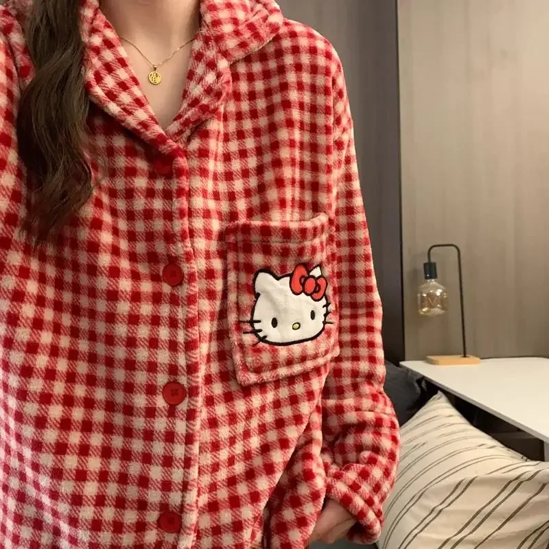 Sanrio hello kitty pijamas para mulheres outono e inverno coral velo japonês xadrez vermelho dos desenhos animados flanela conjunto de roupas para casa