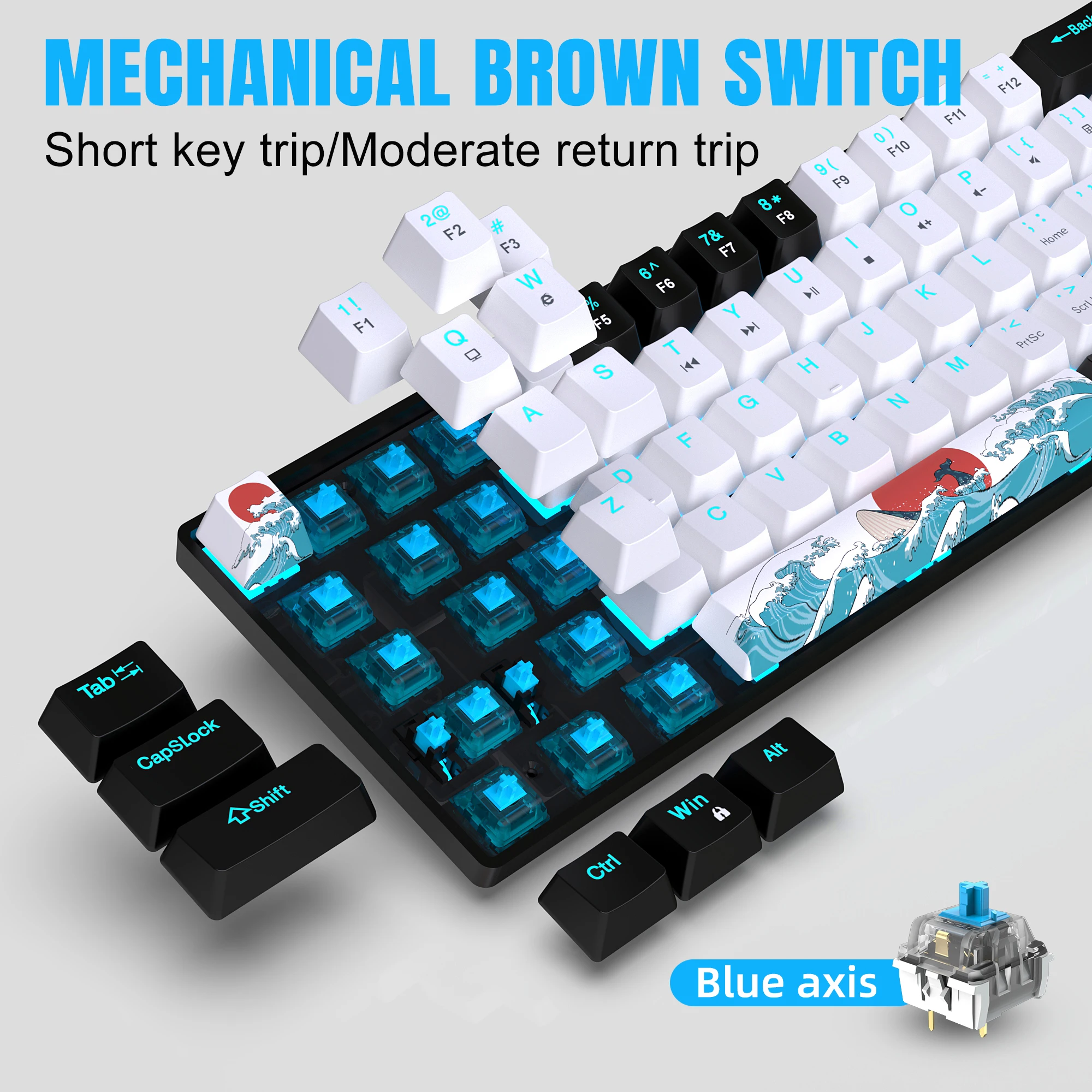 Mechanical Gaming Keyboard, 68 Keys Gaming Keyboard With Blue/Switches, Detachable Type-C Cable Mini Keyboard With Blue Light