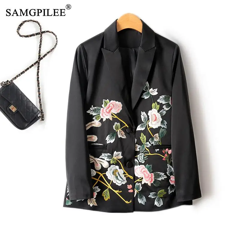 

New In Outerwears 2024 Spring Female Jacket Embroidered Single Breasted Acetate Silk Turn Down Collar Black Blazer Overcoat 4XL