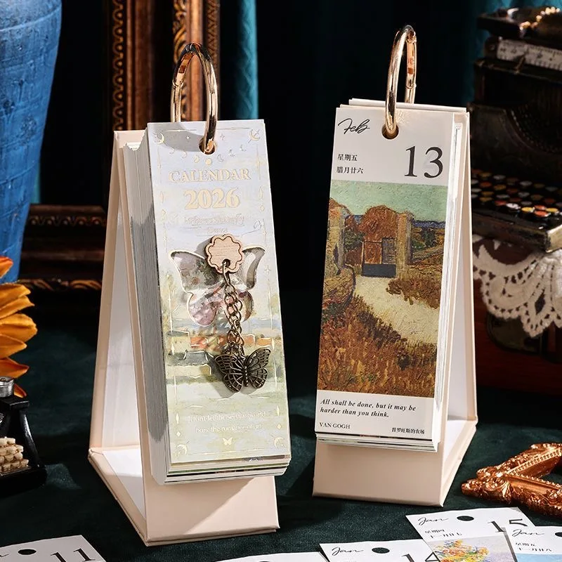 2026 レトロエレガントカレンダーゴールデンバックルデザイン油絵一方向フリップカレンダーオフィスデスク装飾学用品