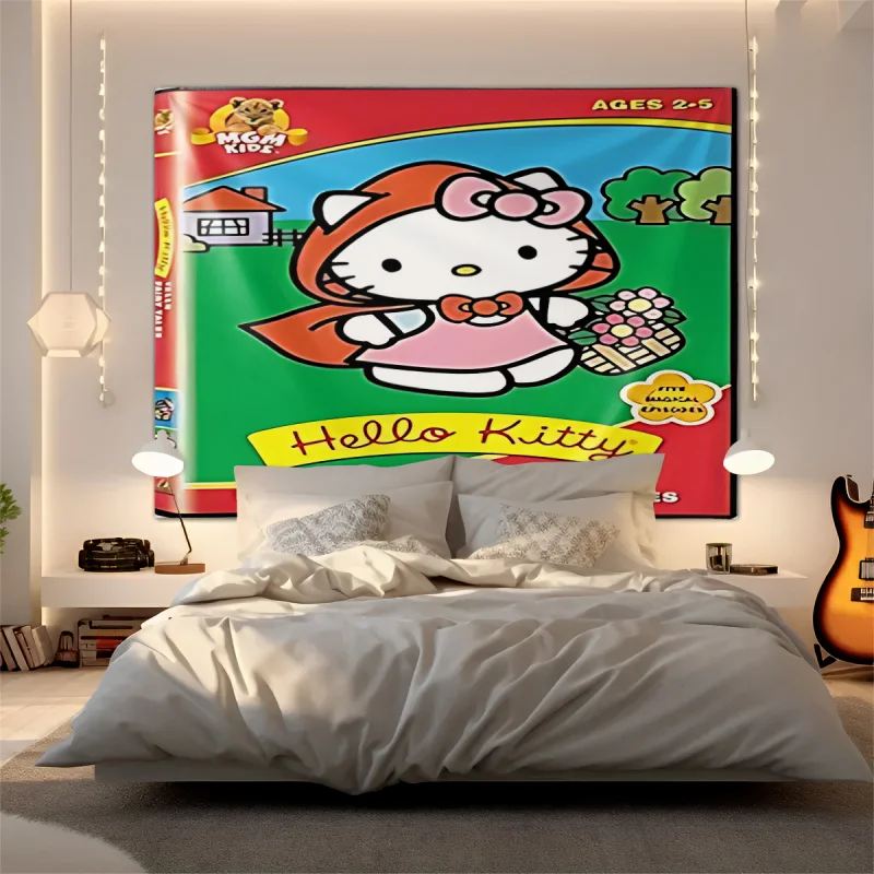 

Гобелен Sanrio Hello Kitty, милый настенный декор в клетку, декор в стиле каваи для комнаты, подходит для спальни, гостиной, общежития