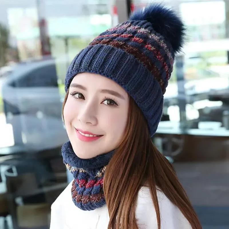 Conjunto de gorro y bufanda de punto para mujer, gorros cálidos, gorro de felpa y bufanda con anillo, mezcla de colores, gorro con pompón para mujer