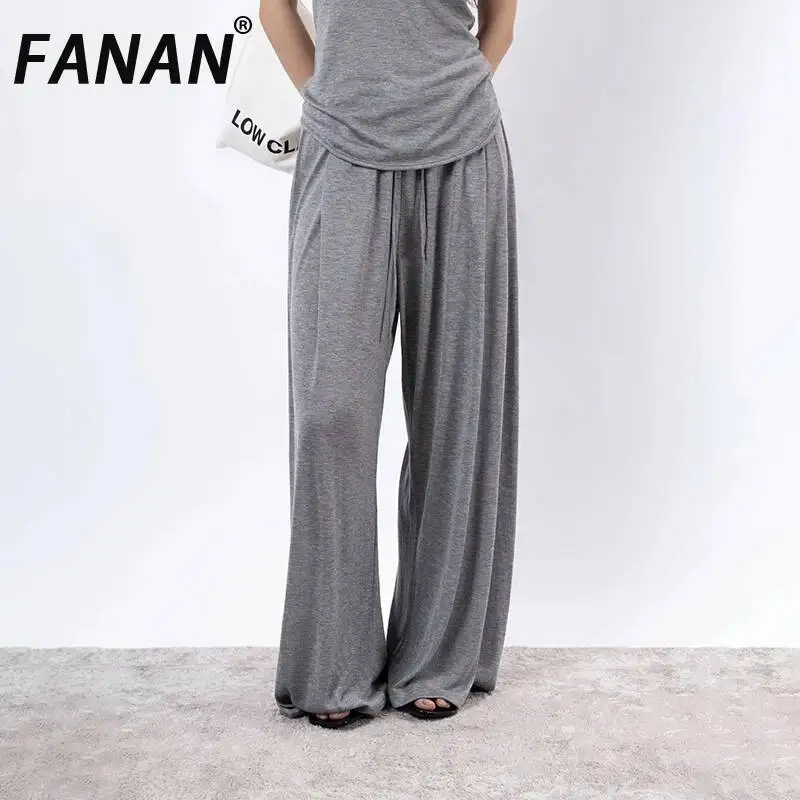 FANAN Women Modal Wide Leg Pants Elastic Drawstring High Waist Soft Drape Casual Trousers Summer Loose Lounge Gray Length Pants