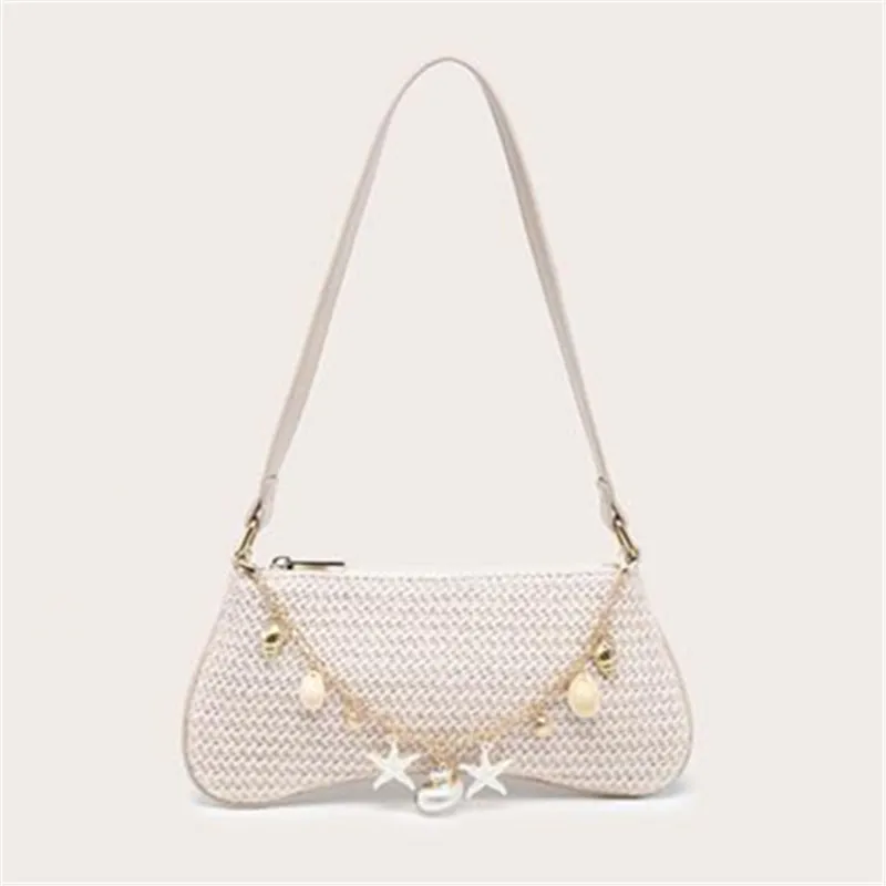 

Chic Straw Weave Tote Shoulder Bags with Seashell & Starfish Charms Women Armpit Bag Summer Accessory for Beach & Casual Style