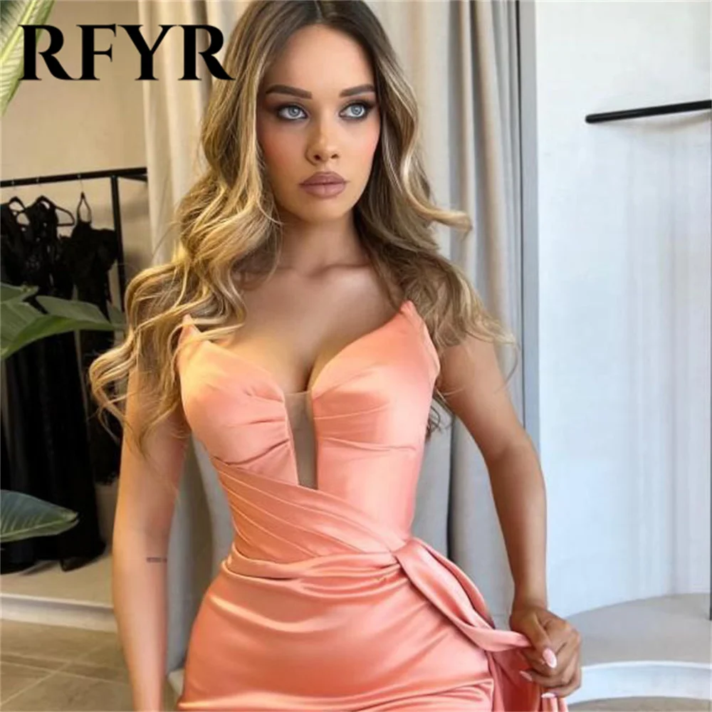 RFYR Pink Stain Mermaid Long Party Dresses Gowns Sweetheaart Night Dresses Strapless Evening Gown with Side Split Customized