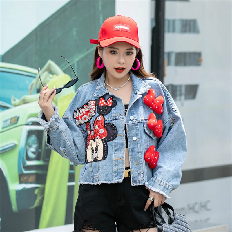 Women Jacket European American Style Heavy Industry Nail Bead Denim Coat 2024 New Sweet Short Top