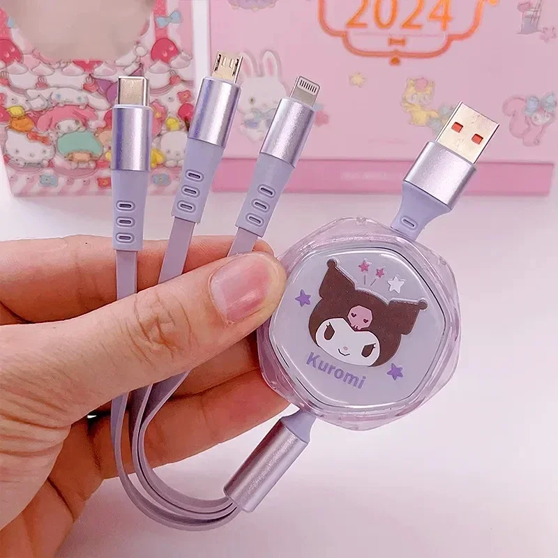 Hello Kitty 3 In 1 Fast Charging Cable Data Line MINISO Kuromi  Cinnamoroll For Micro Type-C USB lightning Portable Car Charger