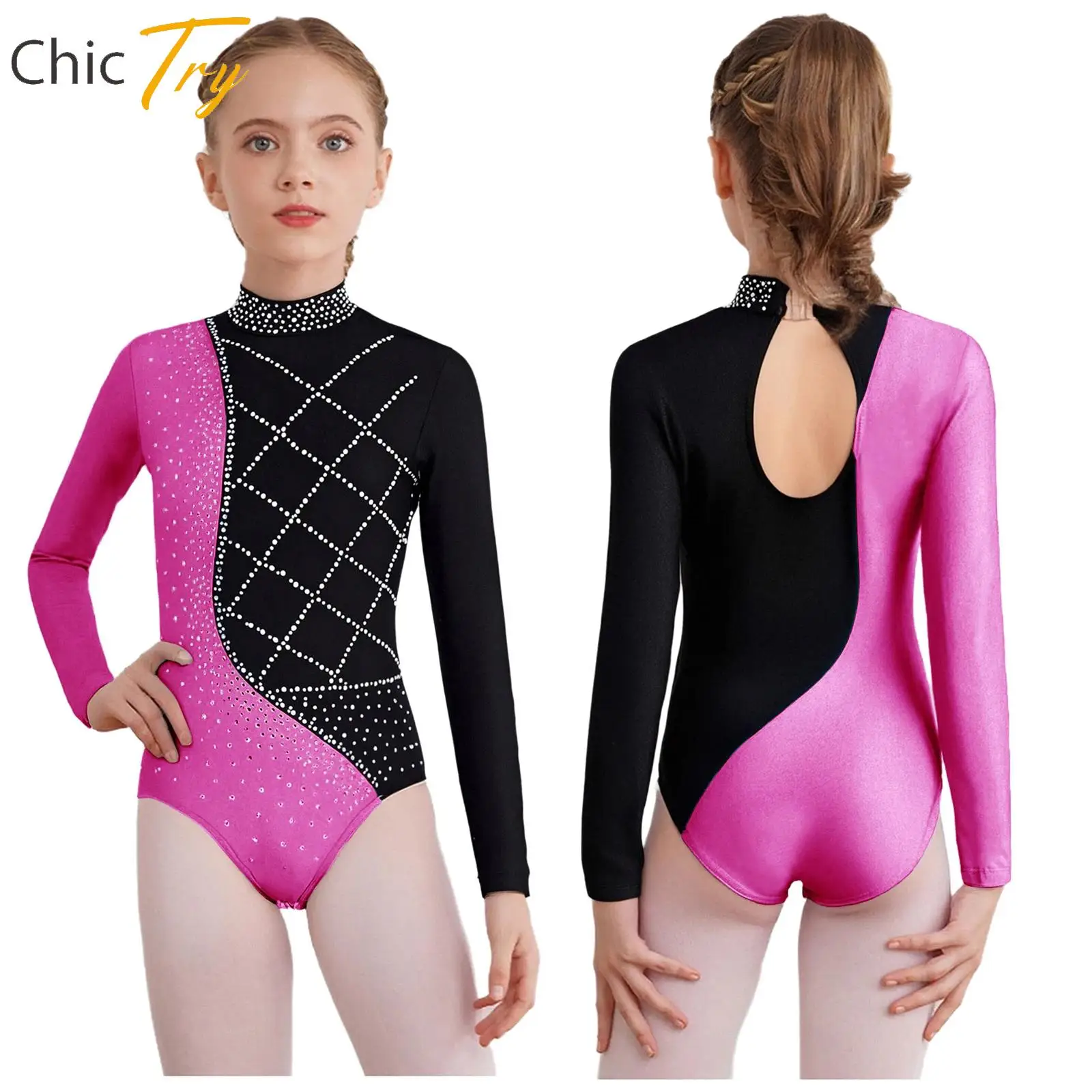 

Kids Girls Shiny Rhinestones Gymnastics Leotard Long Sleeve Keyhole Back Bodysuit for Dance Figure Skating Performance Training