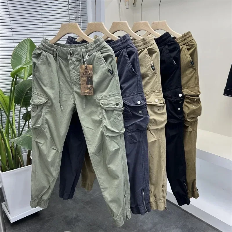 

Japan fashion Trendy Cargo Big Pockets! Spring and Autumn Wearable Men's Solid Bags Casual Drawstring Top Overalls Casual Pants