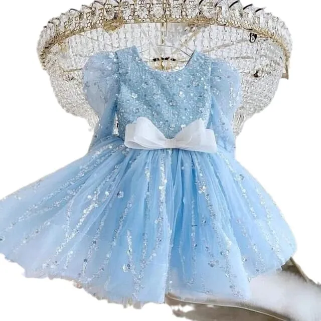 Formal Occasions Wear Light Blue Dress Sequined Bow Pettiskirt Birthday Piano Host Costume
