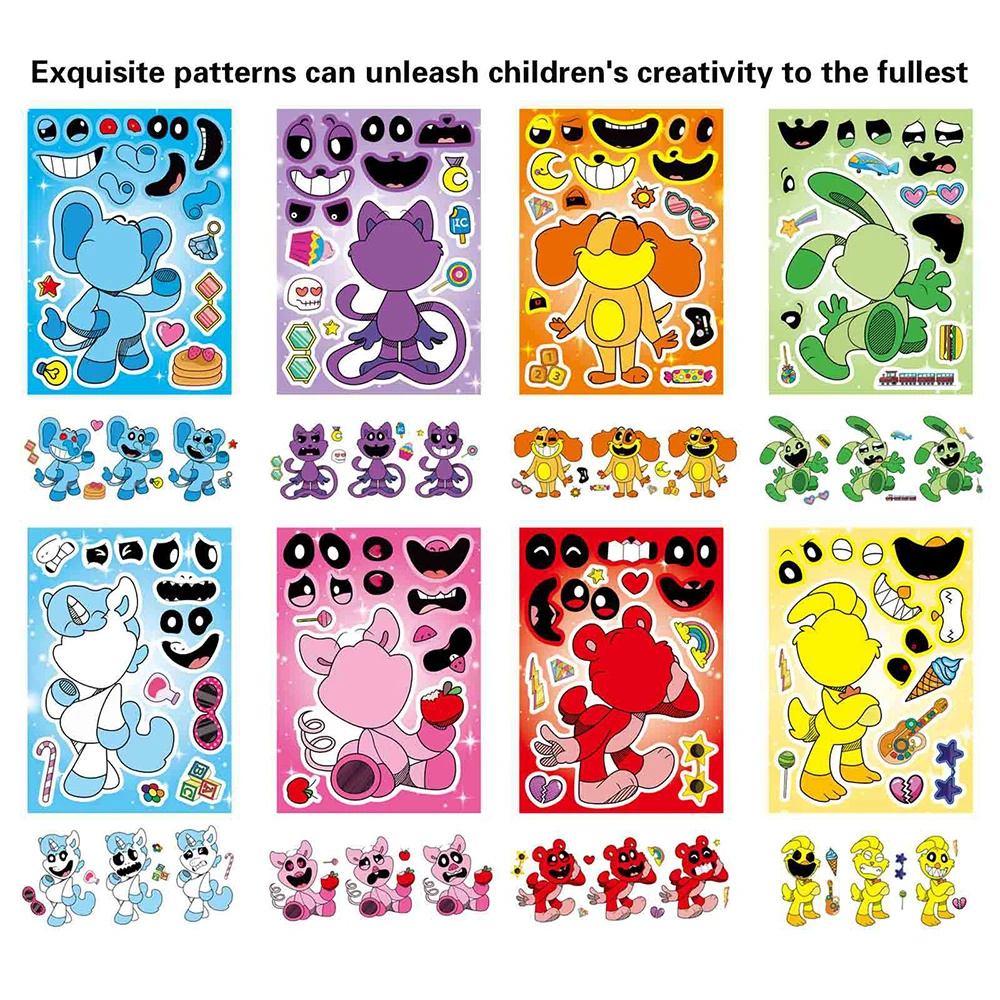 8/16sheets Smilling Critters Children Puzzle Stickers Make a Face DIY Cartoon Game Assemble Jigsaw Decal for Kids Party Toy Gift