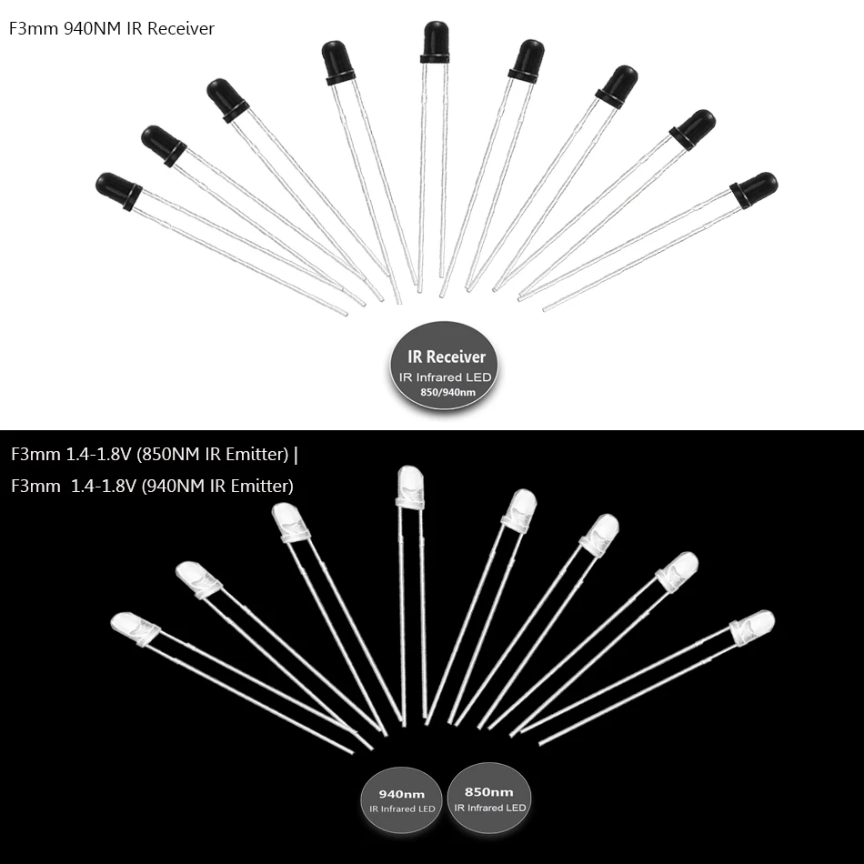 3mm IR LEDs Emitting Diode F3mm 850nm 940nm 2pin Infrared Emitter and IR Receiver Diode Phototransistor Photodiode Invisible DIY