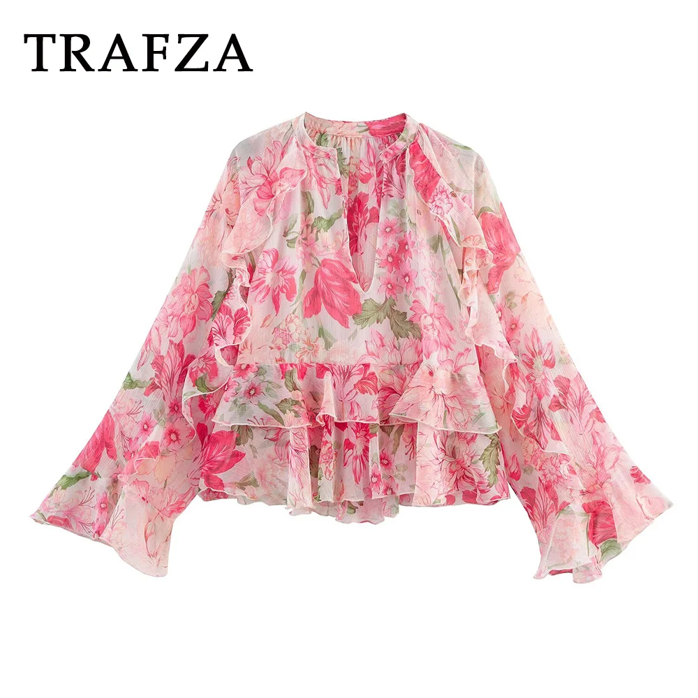 

TRAFZA Chic Loose Print Flower Holiday Woman Blouse Casual Fashion 2025 Summer Tierred V-Neck Mujer Elegant Flower Shirts