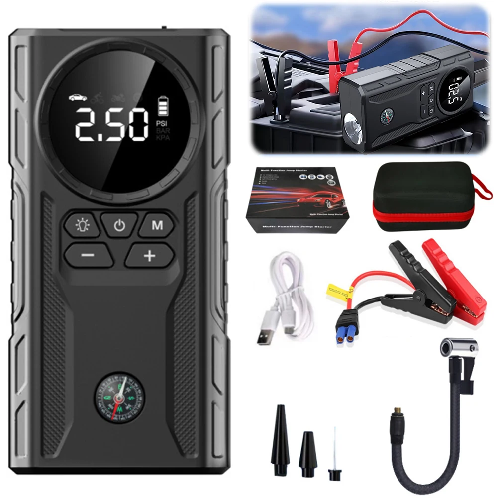 39800mAh Electric Tire Pump USB Rechargeable Jump Starter Bicycle Air Compressor Power Display Car Tire Inflator for Car Tires