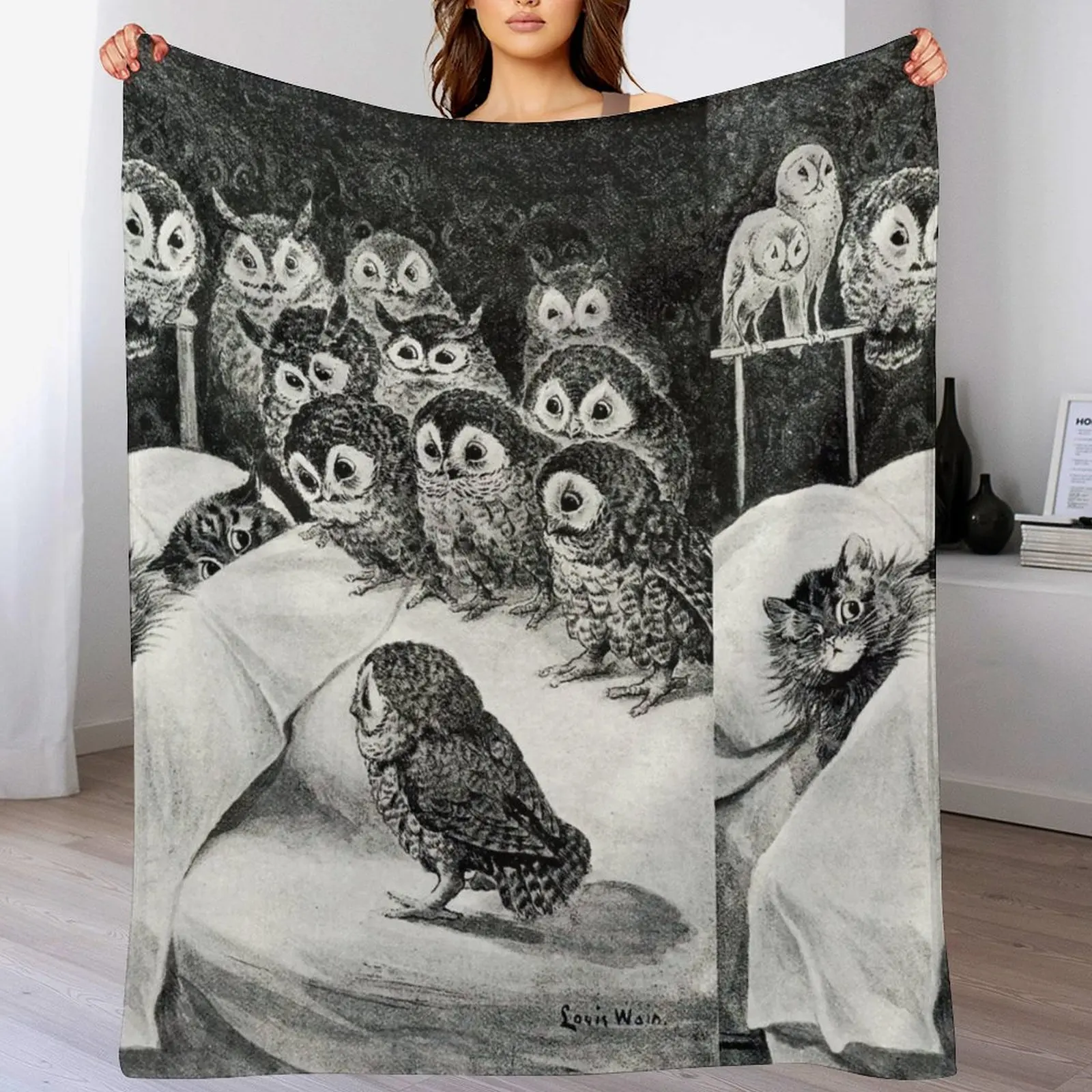 

Louis Wain Cat Nightmare Owl Bird Throw Blanket Plush Camping valentine gift ideas Blankets For Bed Blankets