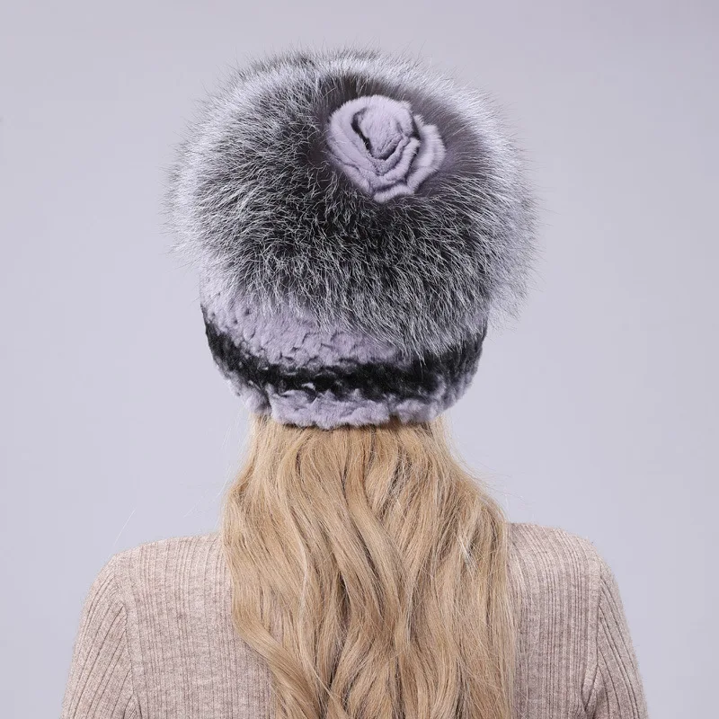 

Women'S Fur Hat Winter Hat Warm Protection Snow Ski Cap Knitting Female Fur Cap Elastic Hat With Fox Fur And Flowersrussian Hat