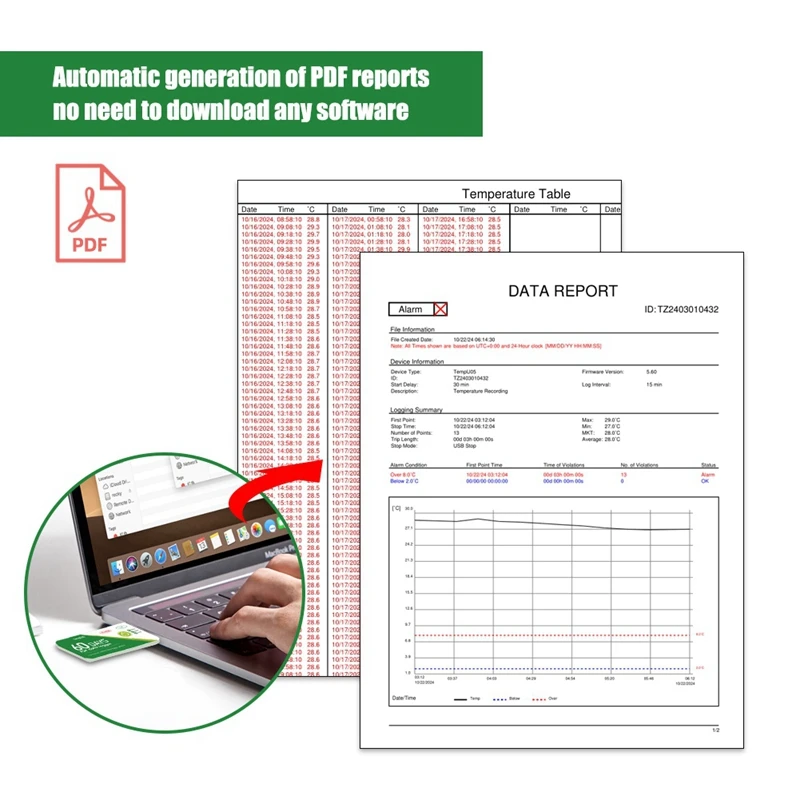 FULL-60 Days USB Temperature Data Logger -30 ℃-+60 ℃ Report With App IP67 Disposable High-Precision Recorder With Warning