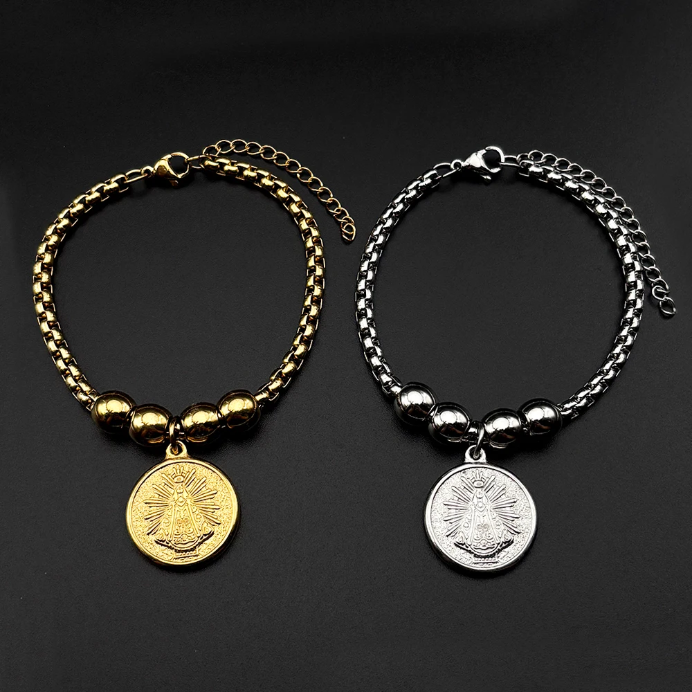 Catholic Our Lady of Aparecida Bracelet Stainless Steel Gold Color Brazil Nossa Senhora Virgin Mary Beaded Hand Chain Jewelry