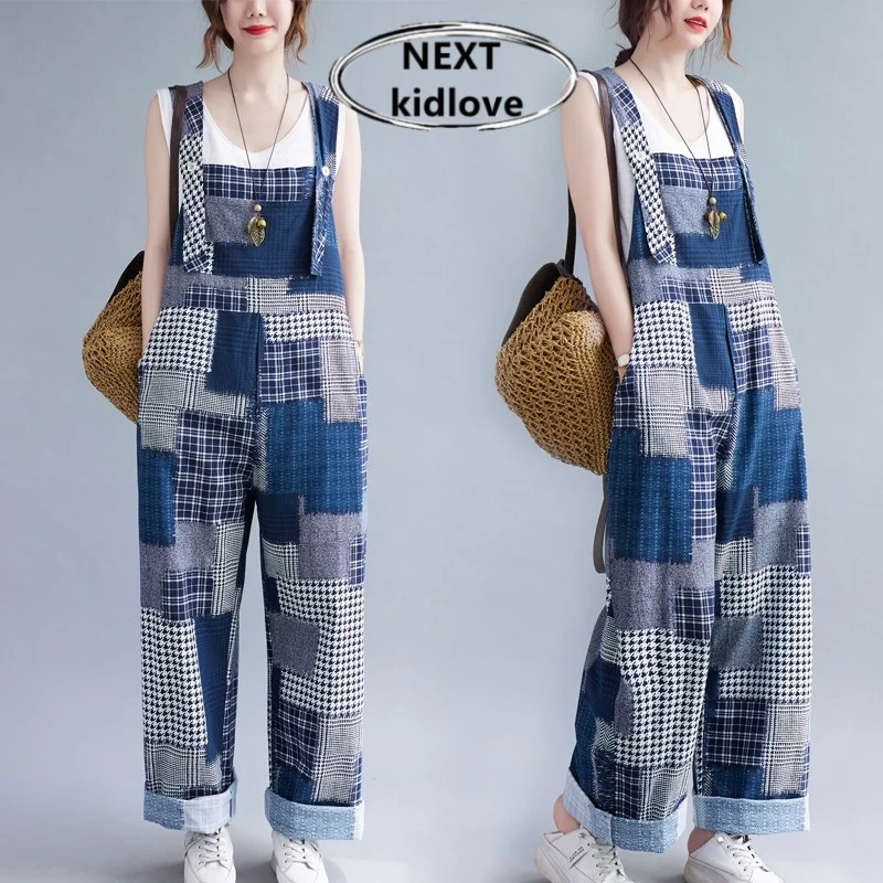 

Лоскутные хлопковые льняные комбинезоны с высокой талией, женские летние свободные брюки больших размеров, утягивающие повседневные комбинезоны для поездок на работу