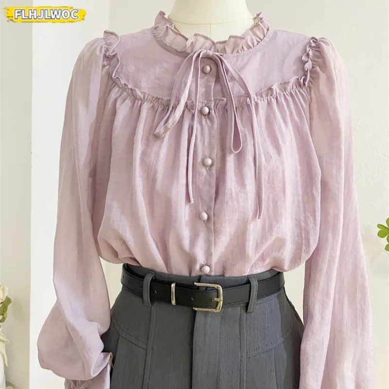 Women's Ruffles Cute Bow Tie Tops Preppy Style Vintage Japanese Korea Design Button Elegant Formal White Pink Shirts Blouses