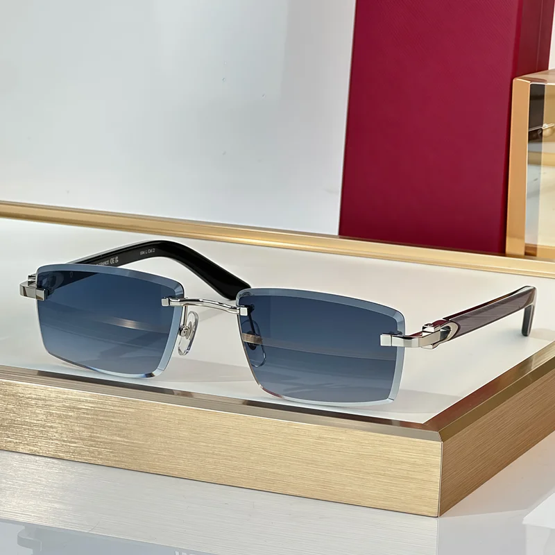 

Designer Classical Diamond Cut Rimless Sunglasses for Men Luxury Craft Top Quality Gradient Blue Boundless Alloy Solar Glas