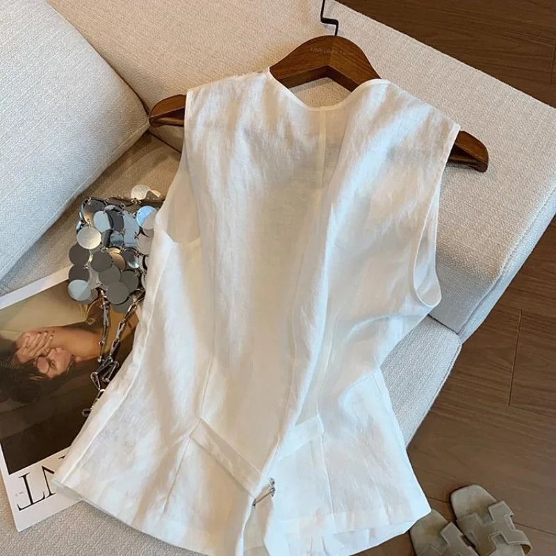 White Lace Splicing Linen V-neck Sleeveless Top Women's Summer New Fashion French Temperament Thin Vest And Linen Waistcoat Coat