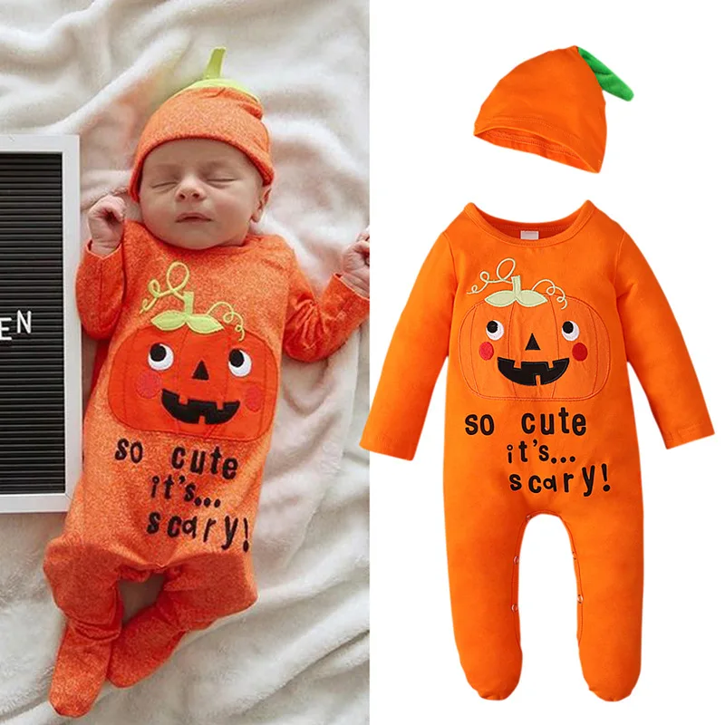 

Halloween Baby Romper Footies+Hat Long Sleeve Infant Jumpsuit Orange Pumpkin Toddler Overalls One-piece Children Clothing A627