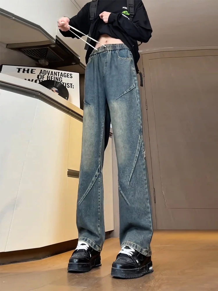 

Мужские джинсы в американском ретро-стиле, прямые, свободные, с высокой талией, широкие штанины, на шнурке, модель Cool Haome